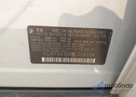 2008 BMW X5 3.0Si from USA, damaged, VIN 5UXFE43588L024534